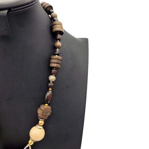 Handcrafted Wood Bead Necklace Leather on Copper Pendant w/ Geometric Stones - Picture 5 of 8